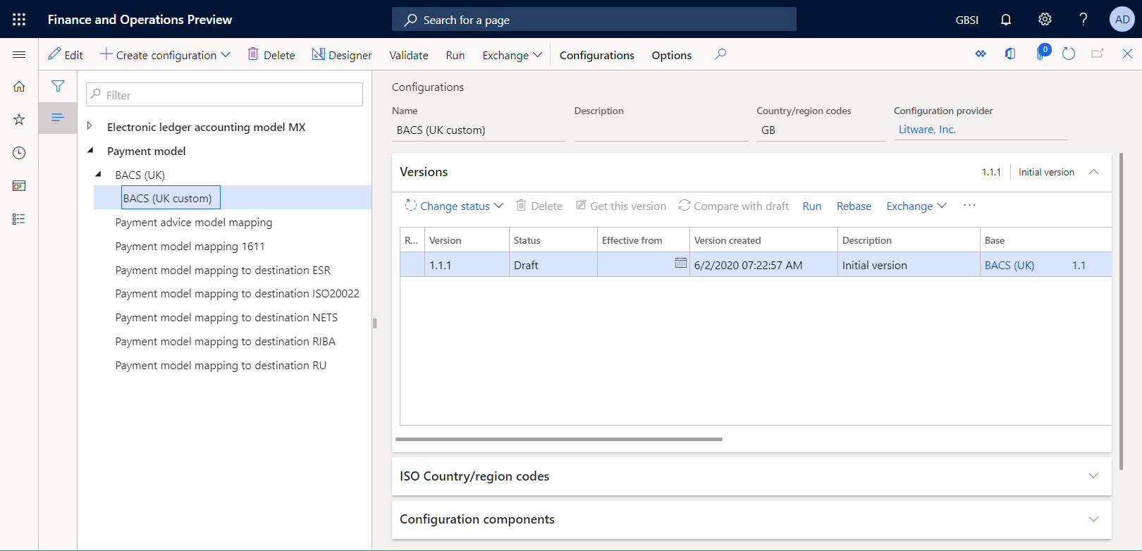 Screenshot of the Configurations page with Version 1.1.1 of the BACS (UK custom) ER format configuration.