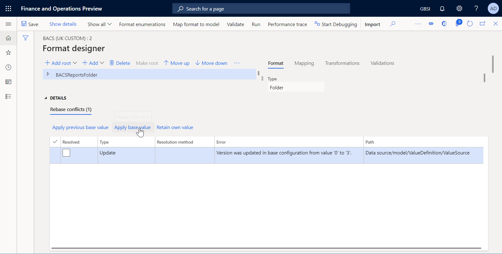 Screenshot of the Rebase conflict record in the ER Operations designer.