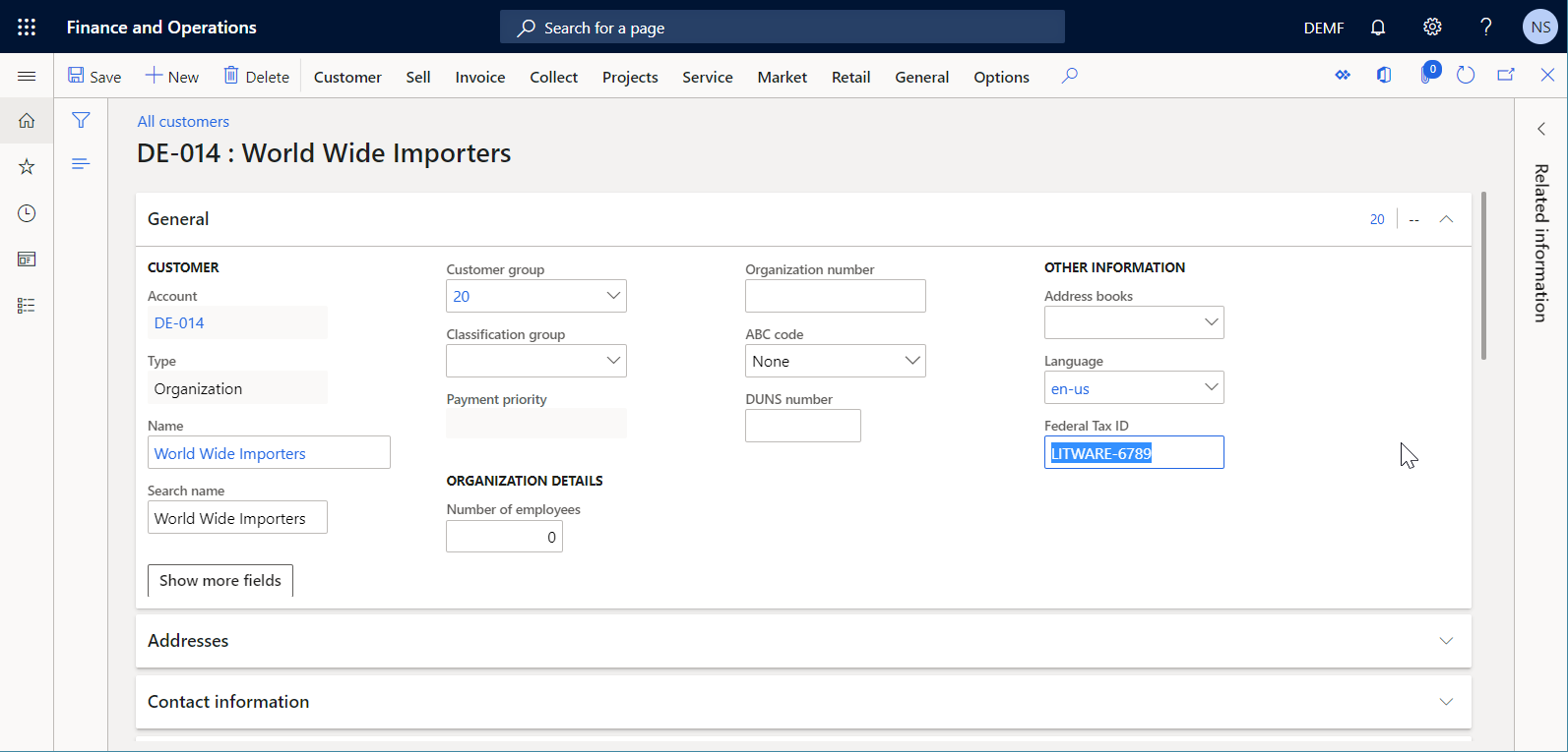 Screenshot of the DE-014 customer details page.