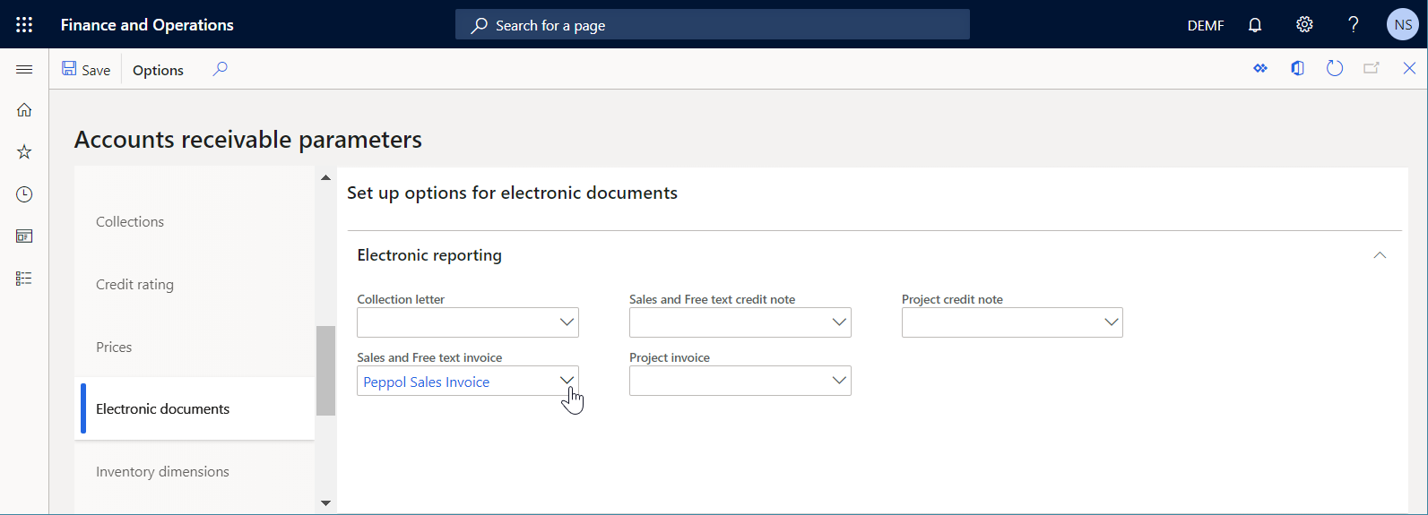 Screenshot of the Electronic documents tab on the Accounts receivable parameters page.