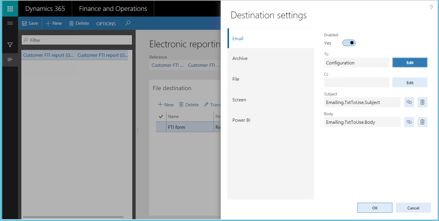 Screenshot of the email destination settings.