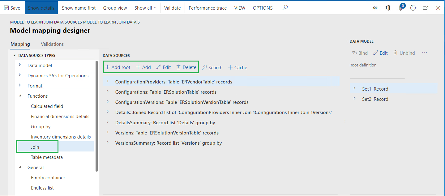 Screenshot of the ER model mapping designer page, Join data source type.