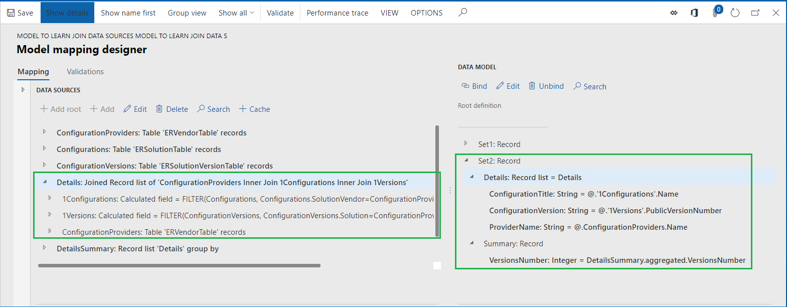 Screenshot of the ER model mapping designer page showing expanded Set2:Record data model items.