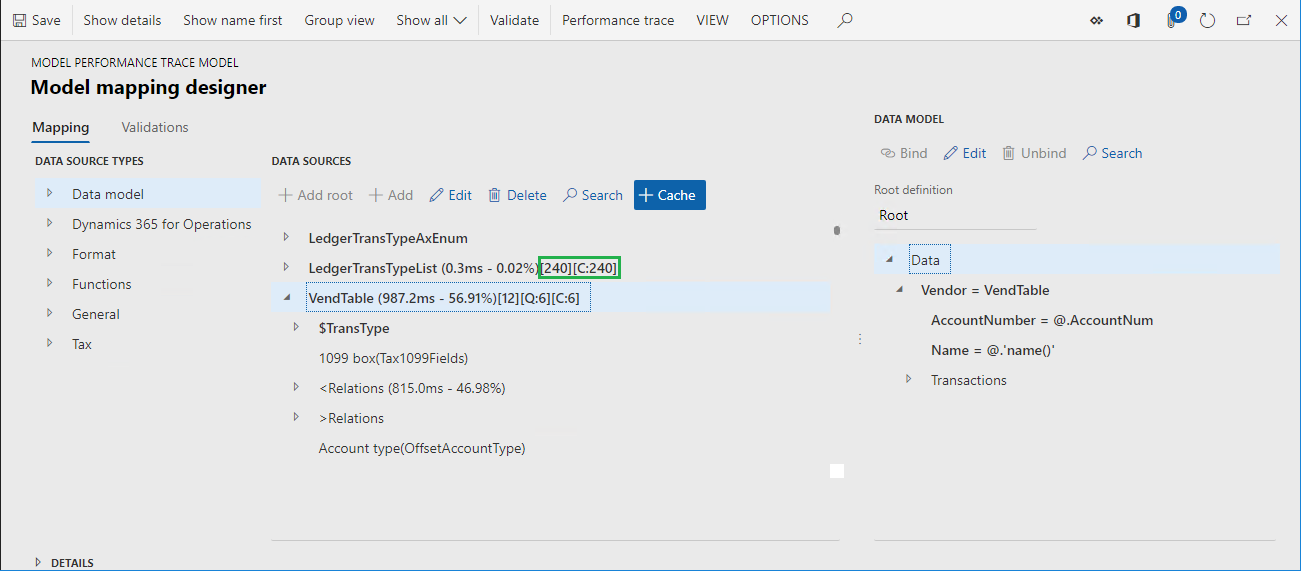 Screenshot of the trace information for the LedgerTransTypeList data source on the Model mapping designer page in RCS.