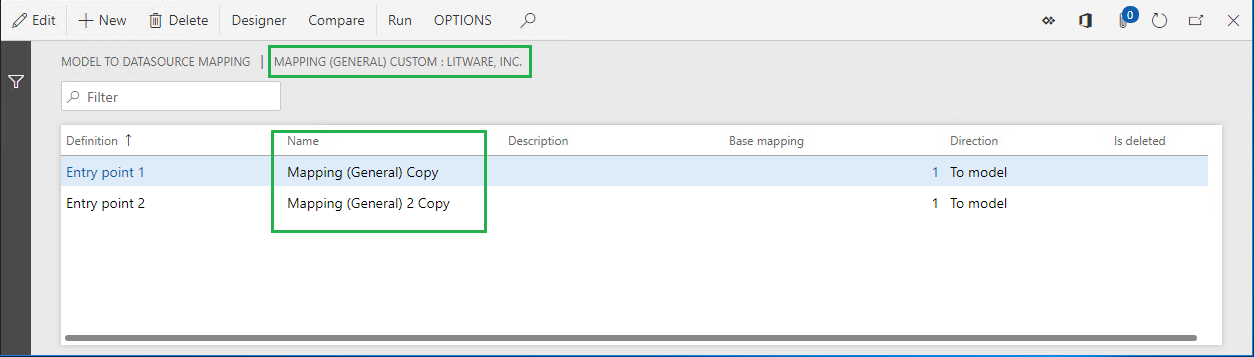 Screenshot of the ER model to datasource mapping page for Mapping (General) copy mapping.