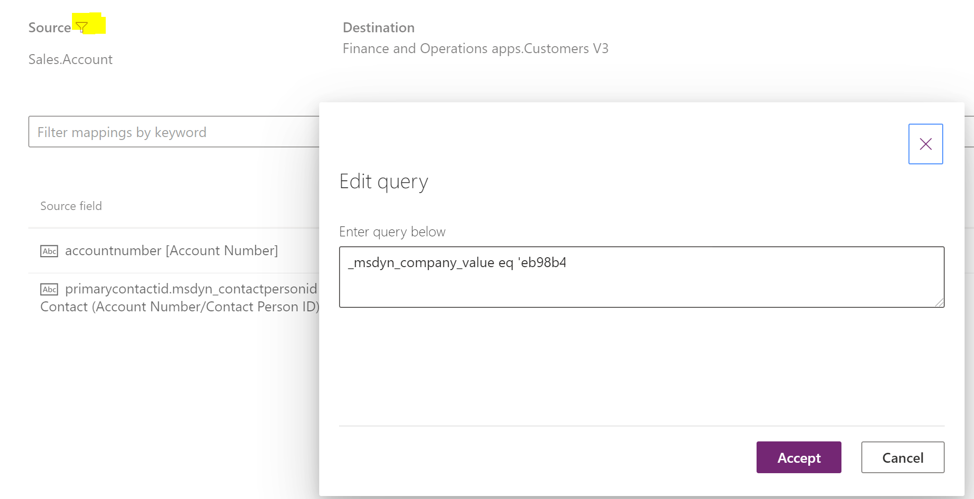 Screenshot of adding a filter query.