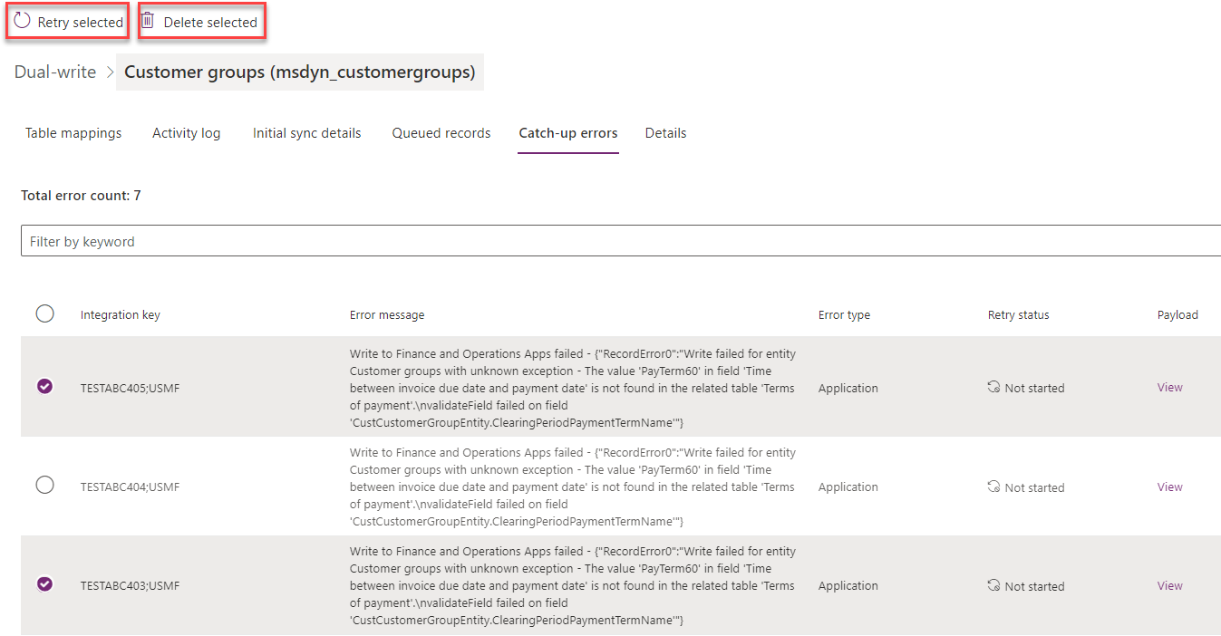 Screenshot of queued records retry selected.