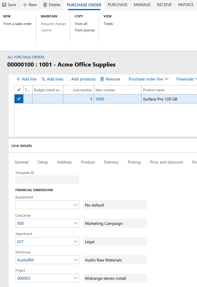 Screenshot of merged default dimension values on a document line (purchase order line).