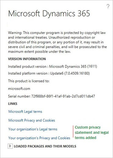 Screenshot of Modified About box with a link to an organization's privacy notice.