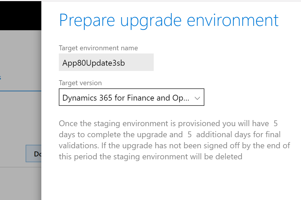 Screenshot of the Prepare upgrade environment dialog box.