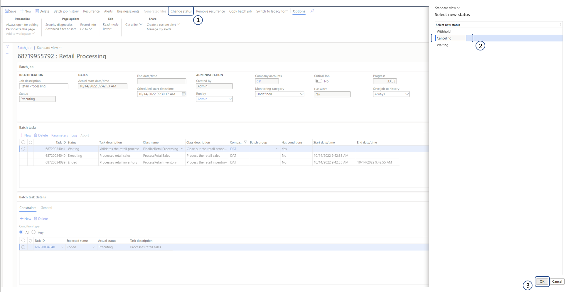 Screenshot of Changing the status of a selected batch job to Canceling.