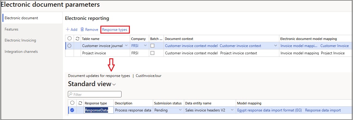 Screenshot that shows the configuration of electronic document parametersn for Egypt.