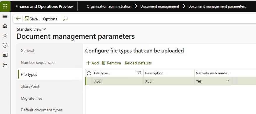 Document management parameters page.