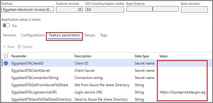 Screenshot that shows the Feature parameters tab configured for the Globalization feature for Egypt.