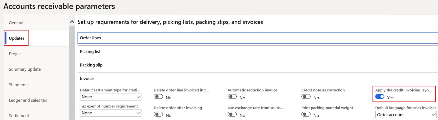Screenshot of activating credit invoicing.