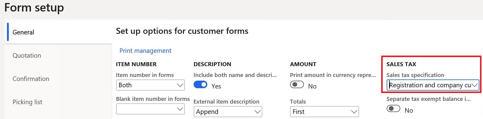 Screenshot of configuring sales tax specification.