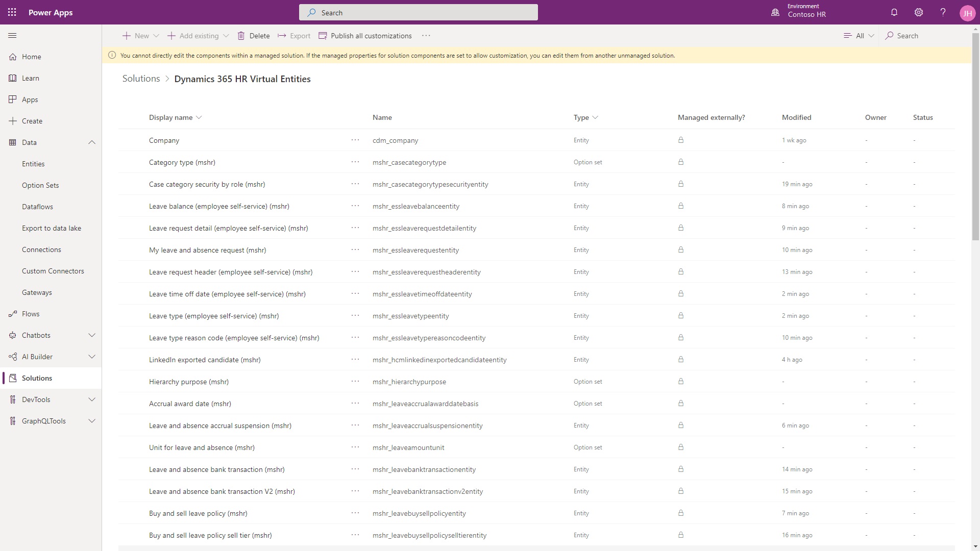 Screenshot of Dynamics 365 HR Virtual Tables solution in Power Apps.