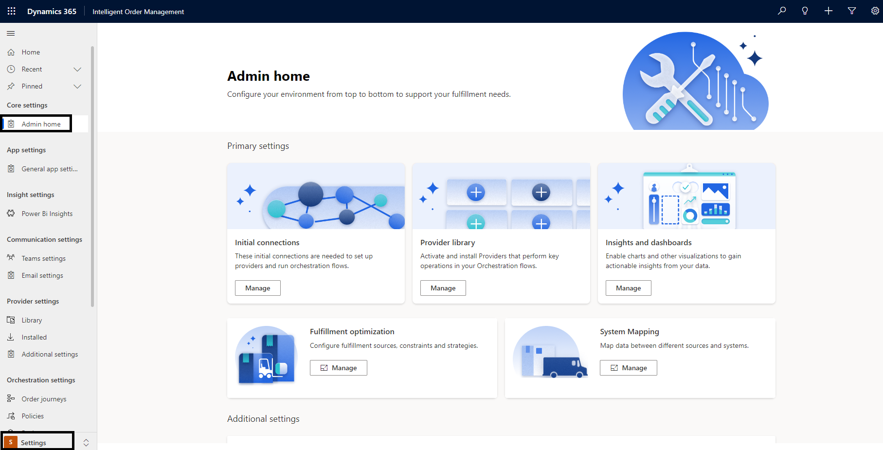 Screenshot of Admin home page with Settings highlighted.
