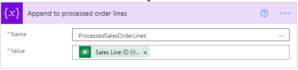 Screenshot of Append to array variable action for sales order lines.