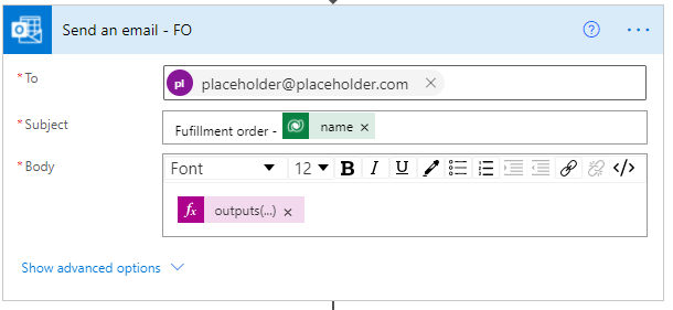 Screenshot of Send an email action configuration.