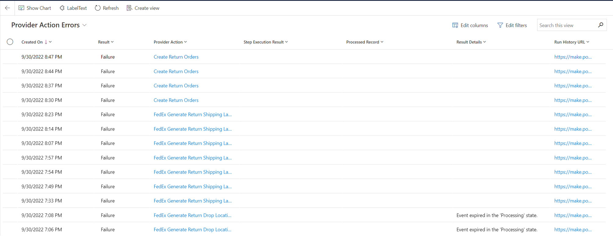 Screenshot of the Provider Action Errors page.