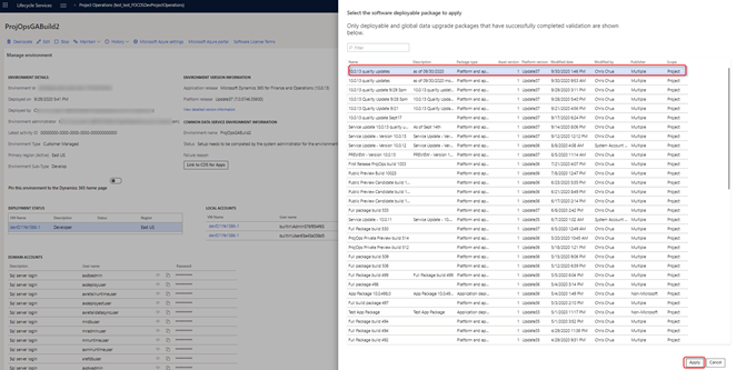 Screenshot of applying updates from the updates list.