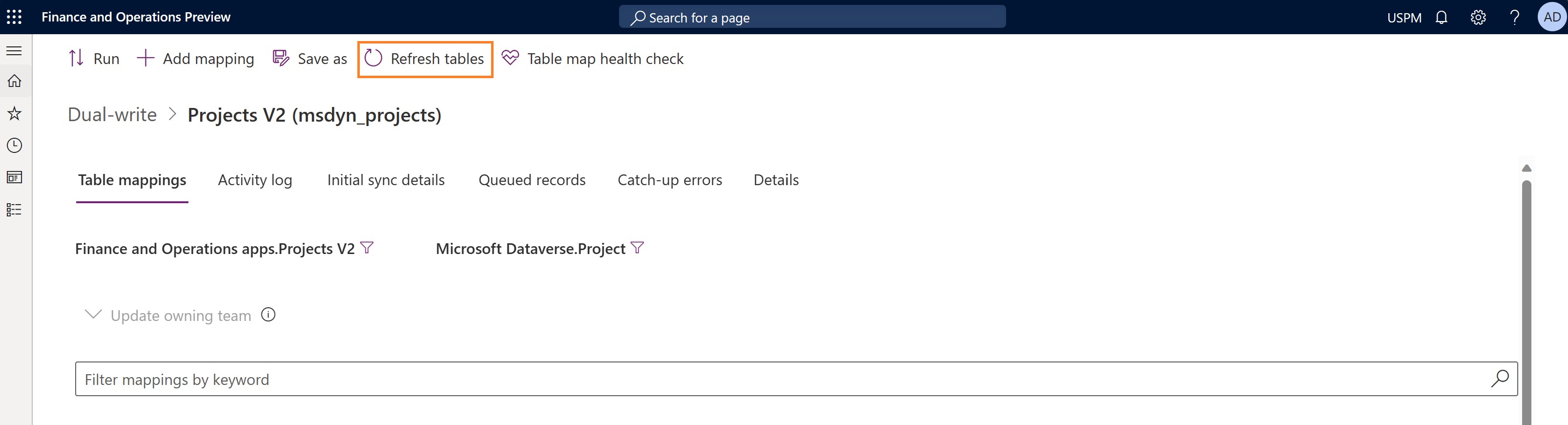 Screenshot of the Refresh tables button in the dual-write interface.