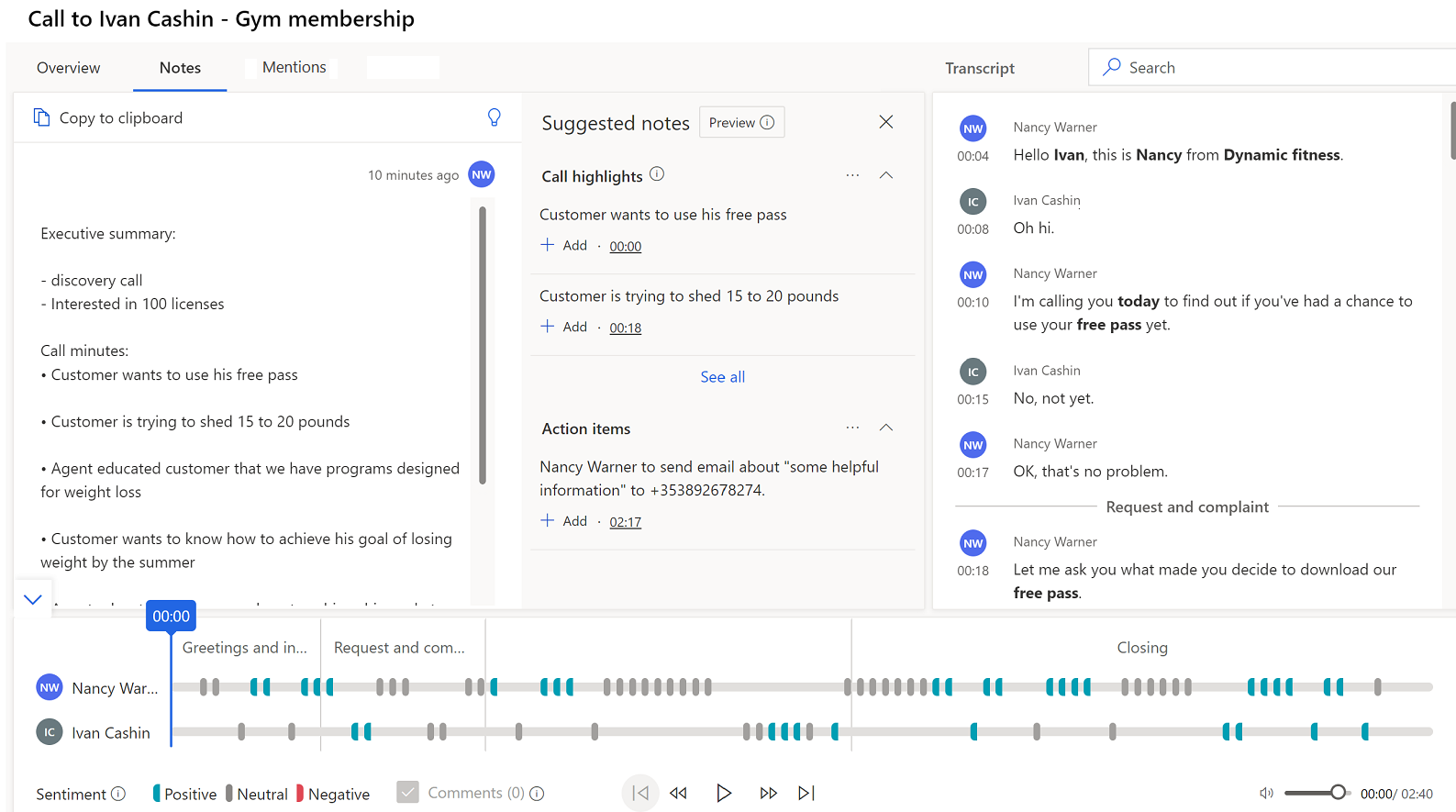Call insights tab in a phone call activity Call insights tab in a phone call activity