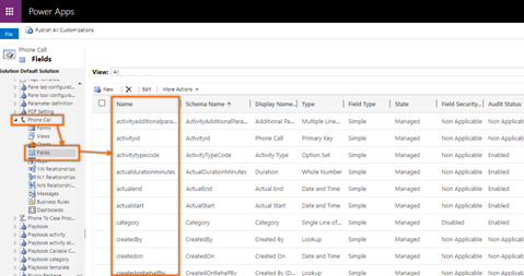 Screenshot of phone call column names under system customization settings.