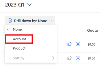 Screenshot of selecting Account as the drill-down choice in a forecast in Dynamics 365 Sales.