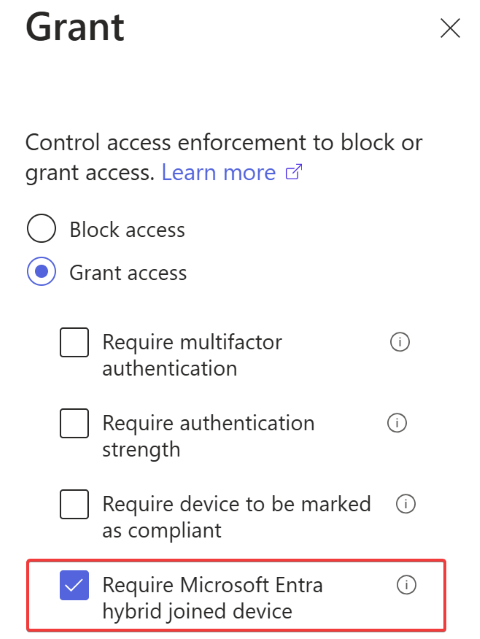 A screenshot of grant in Conditional Access policy requiring hybrid device