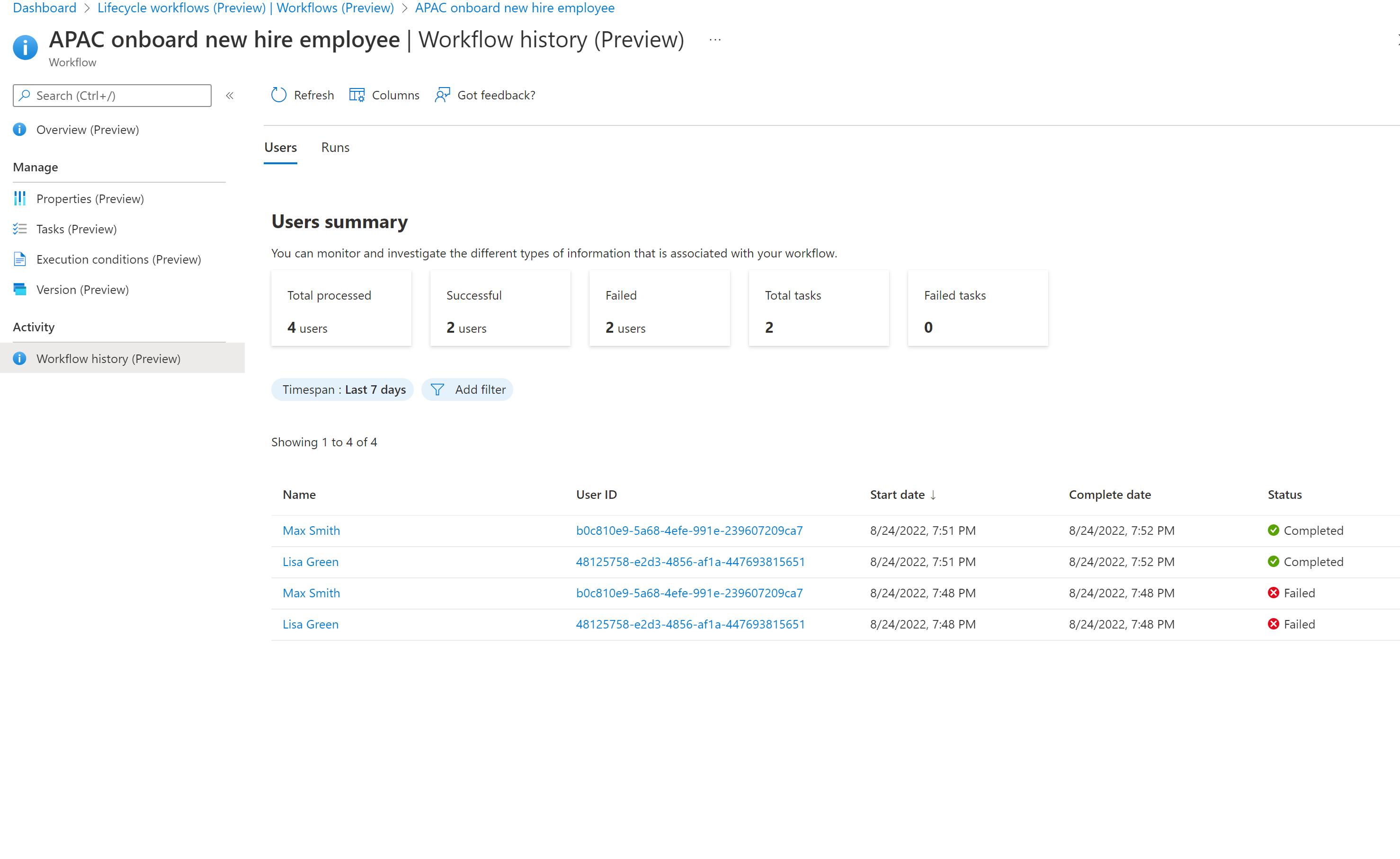 Screenshot of a workflow user summary.