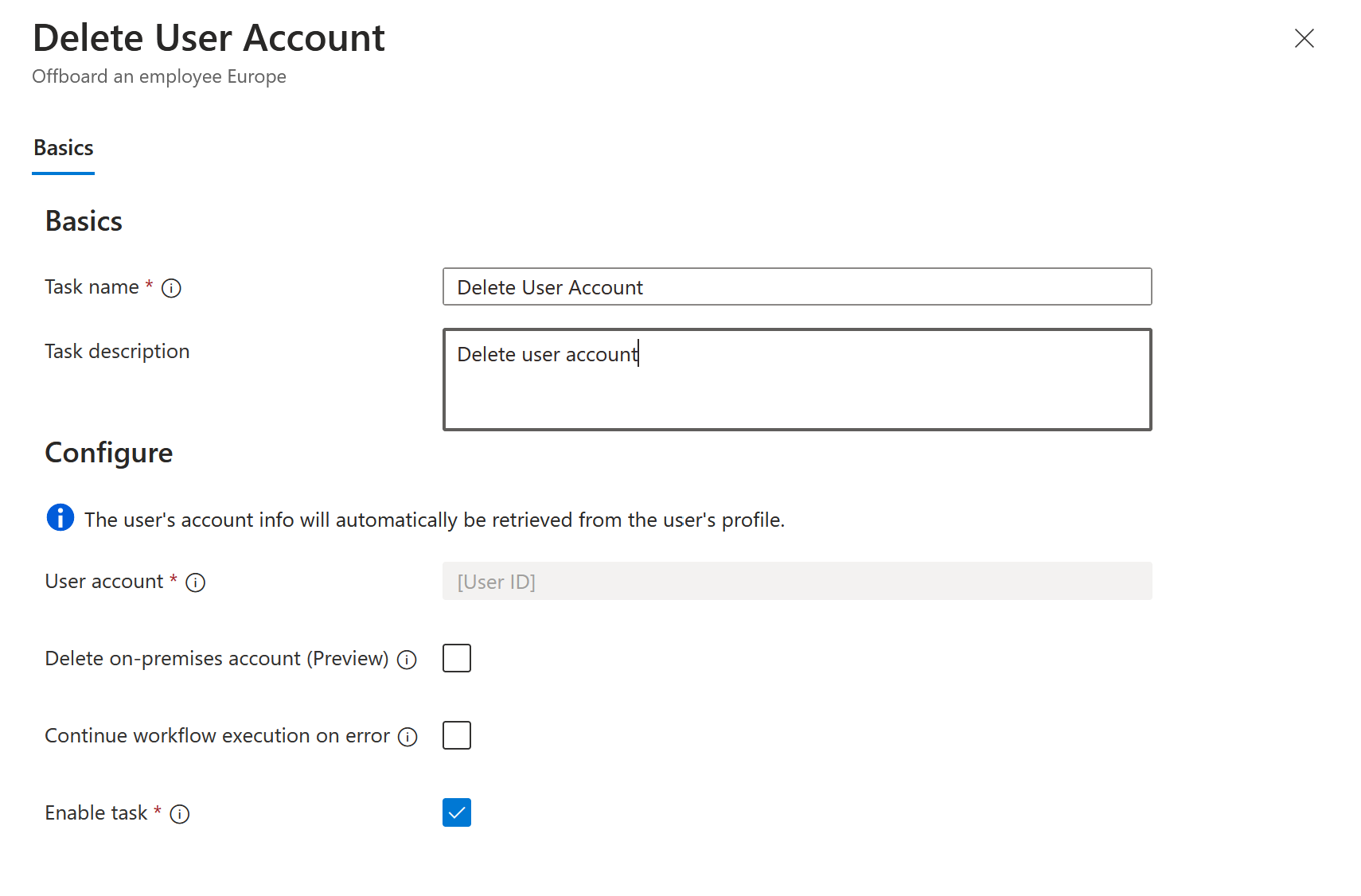 Screenshot of Workflows task: Delete user account.