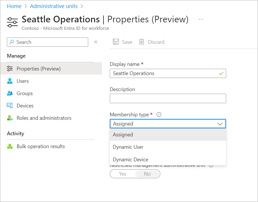 Screenshot of an administrative unit Properties page with Membership type list displayed.