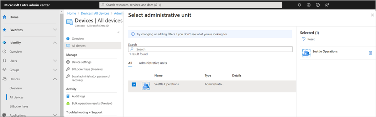 Screenshot of All devices page with an administrative unit filter.