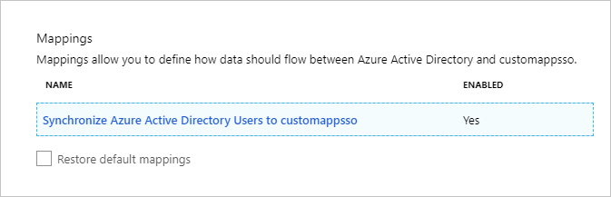 Screenshot of the Mappings section. Under Name, Synchronize Microsoft Entra users to customappsso is visible.