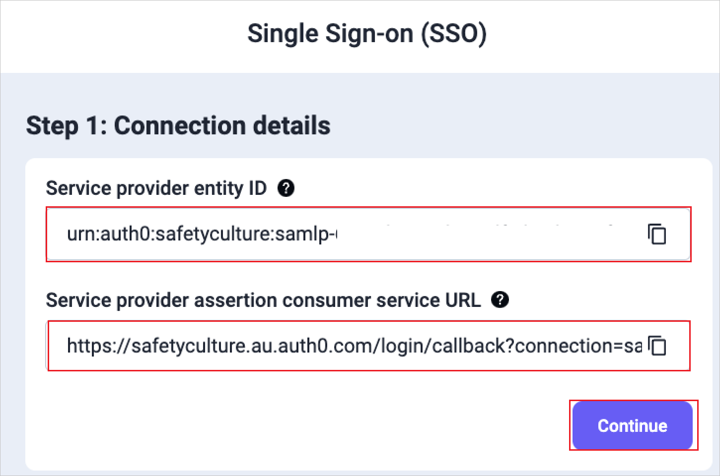 Sample SSO details Screenshot shows sample SSO details from the SafetyCulture web app.