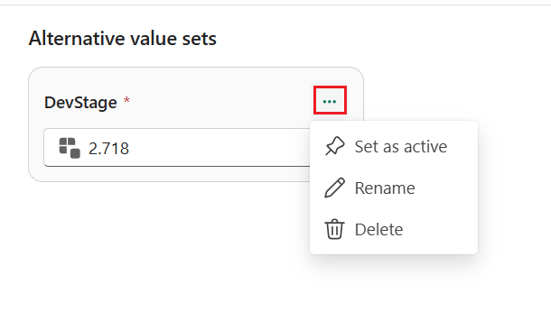 Screenshot of the options for editing a value set: set as active, rename, and delete.