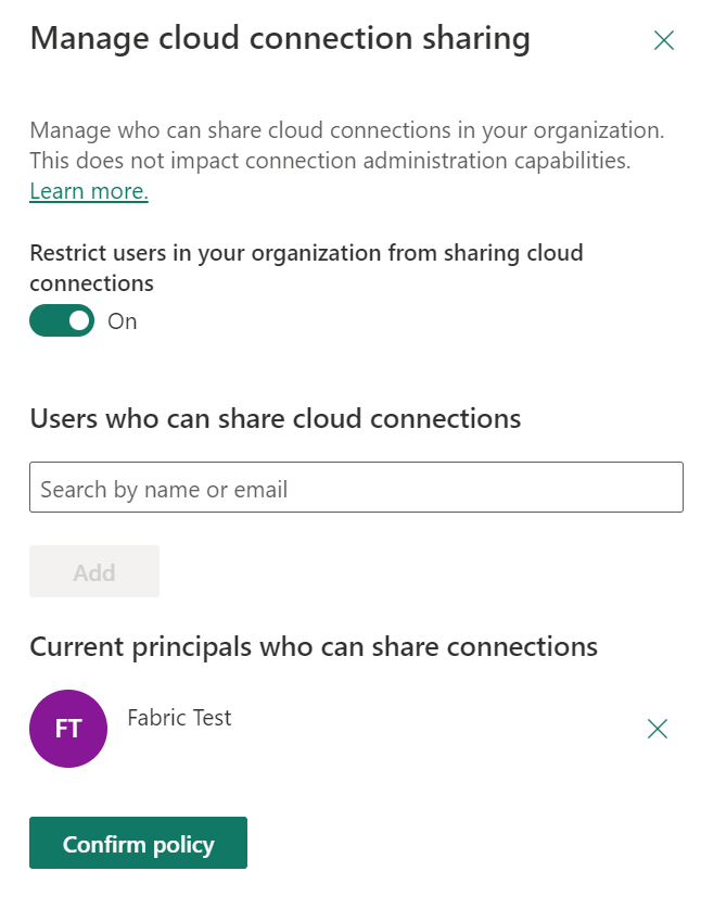 Screenshot showing the manage cloud connection sharing feature toggled on.