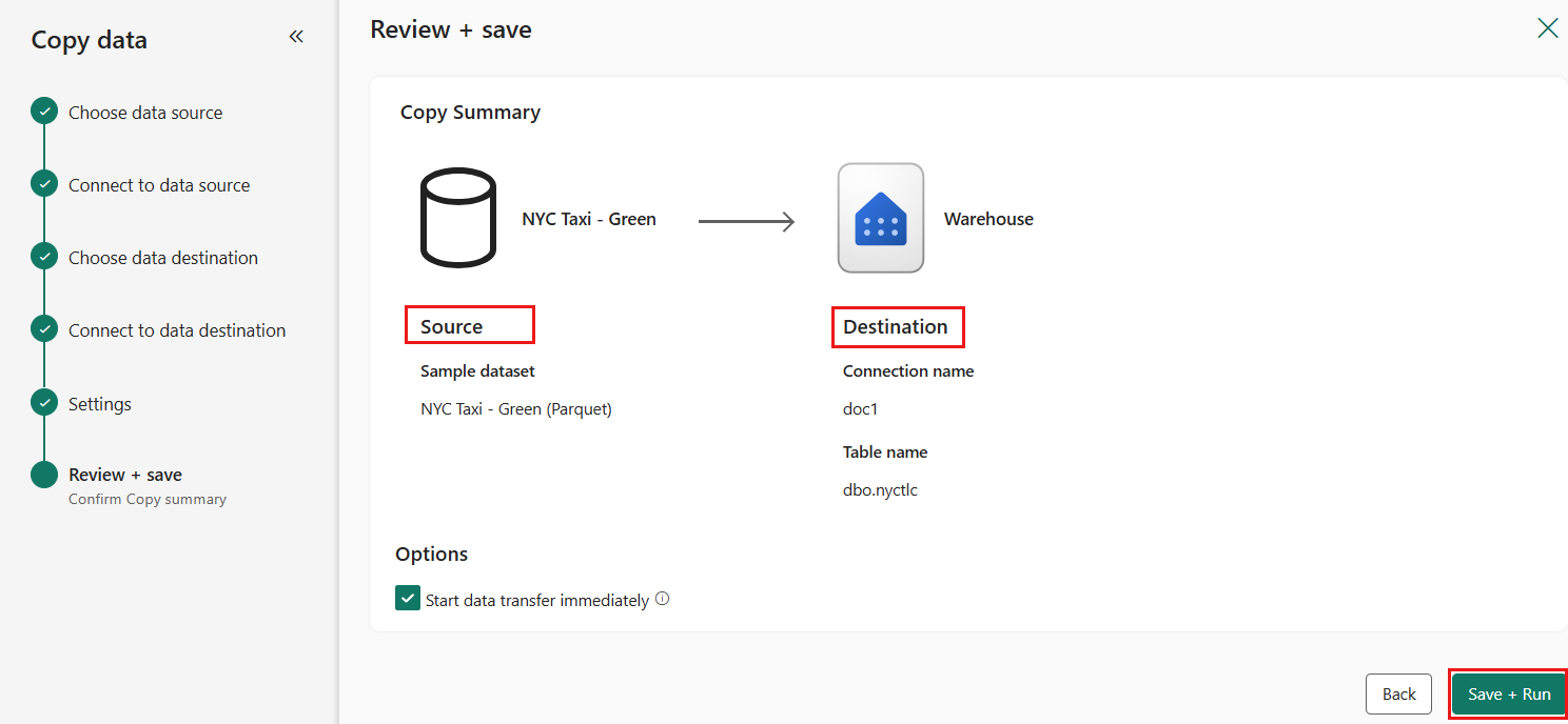 Screenshot of the Review + create page of the Copy data assistant highlighting source and destination.