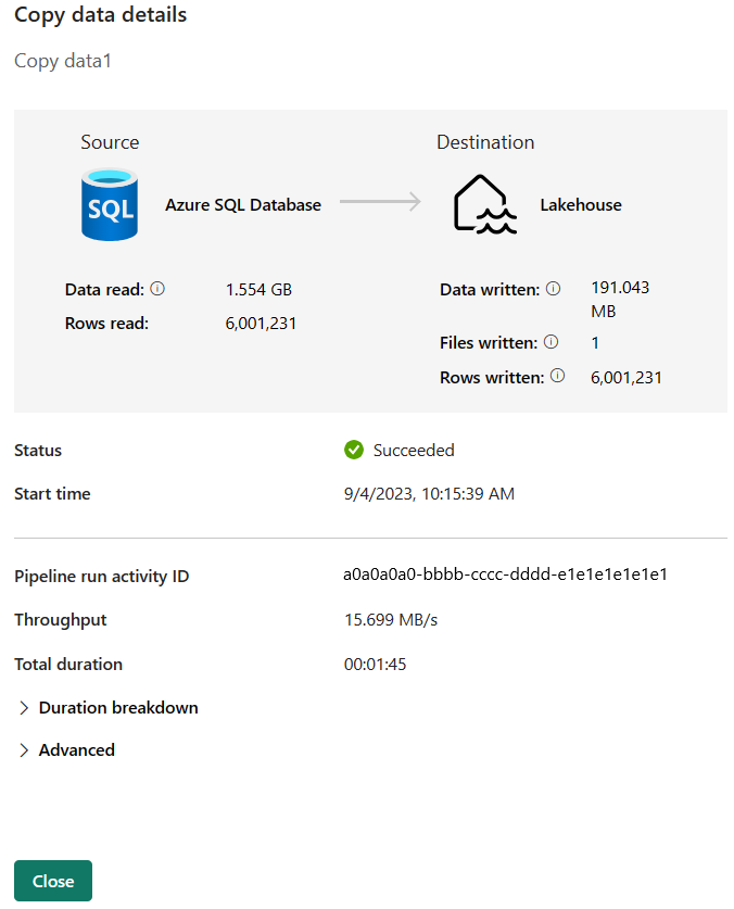 Screenshot of the details of the copy activity.