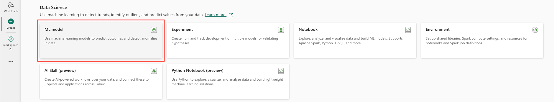 Screenshot of the Create menu displaying ML Model option under Data Science section.