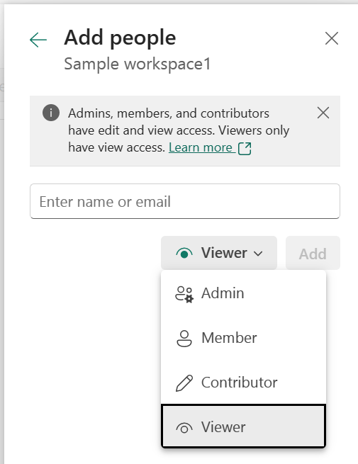 Screenshot of the Add people panel with name, email, and role fields.