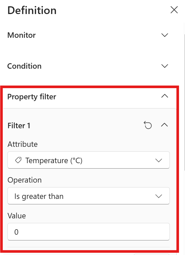 Screenshot of the Property filter section in the Definition pane showing Filter 1 configured with Attribute set to Temperature (°C), Operation set to Is greater than, and Value set to 0.