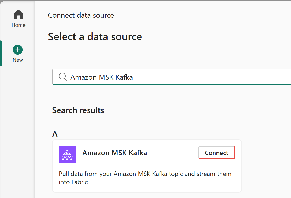 Screenshot that shows the selection of Amazon MSK Kafka as the source type in the Get events wizard.