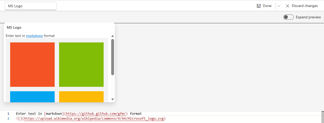 Screenshot of dashboard query pane showing image syntax in markdown text.