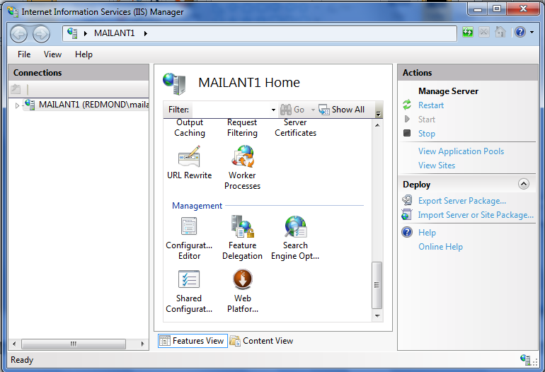 Screenshot shows the Internet Information Services Console, which contains the Search Engine Optimization icon.