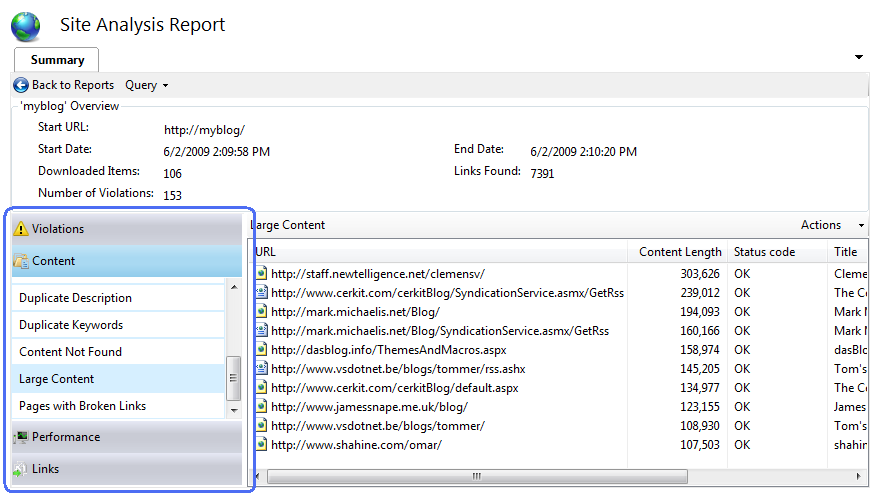 Screenshot of Site Analysis Report showing navigation to individual item in the report.
