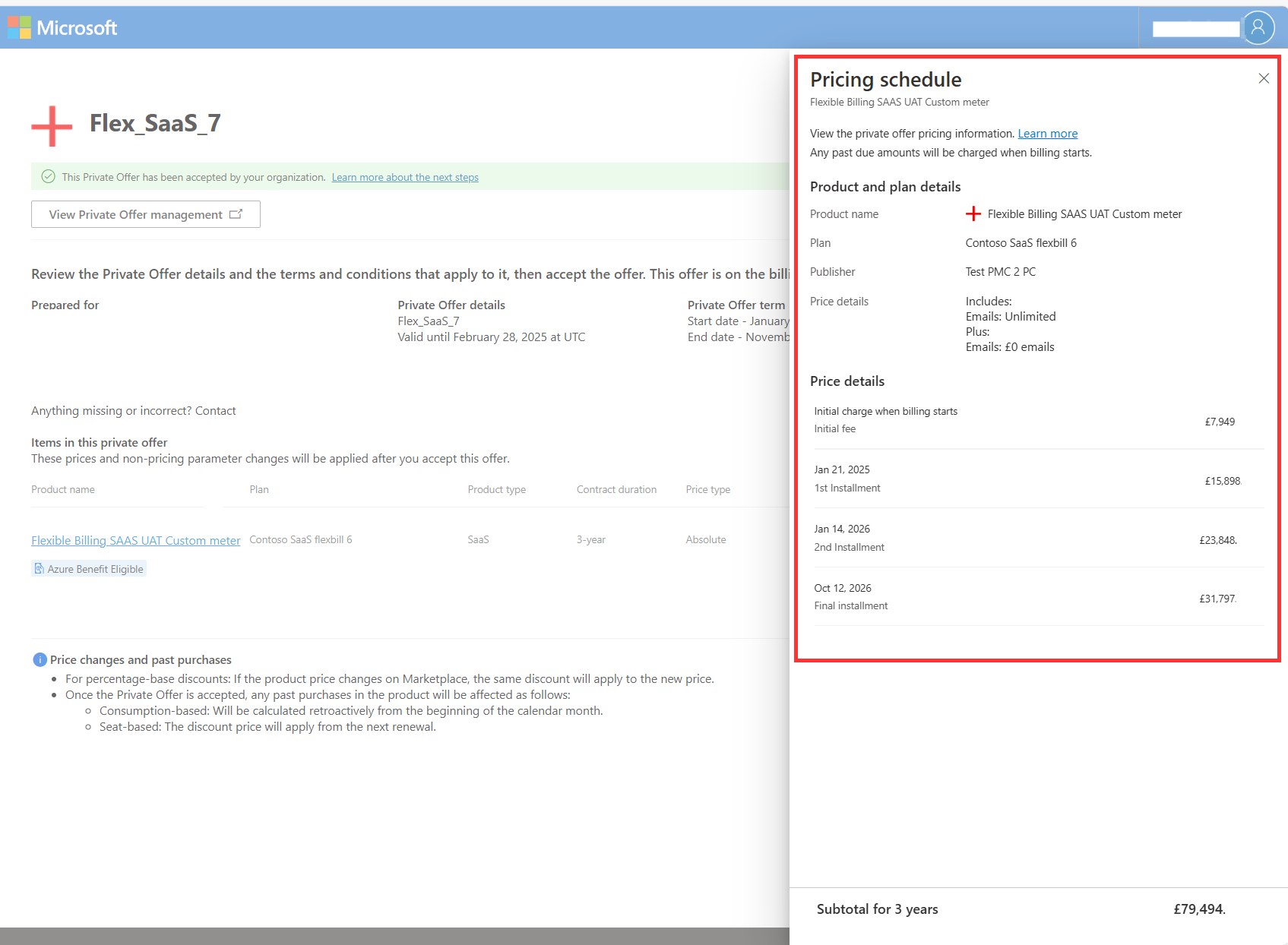 Screenshot of private offer checkout.