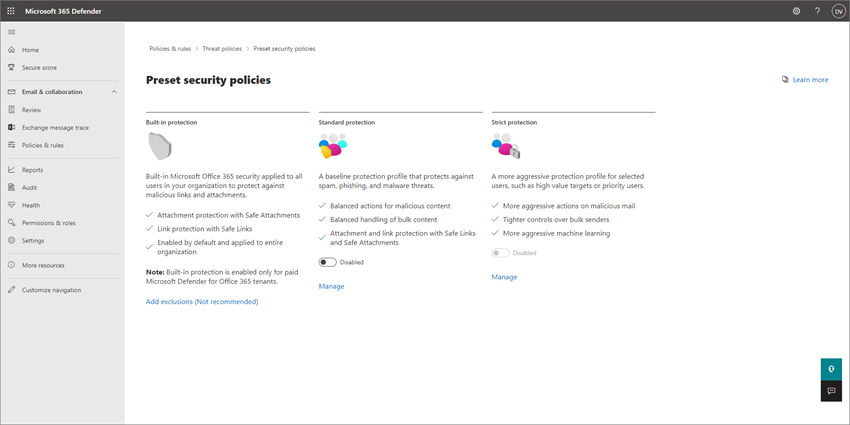 Screenshot of preset security policies.